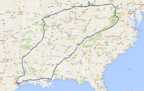 The GPS track of the entire 3,200 mile trip with the 6 state highpoints flagged