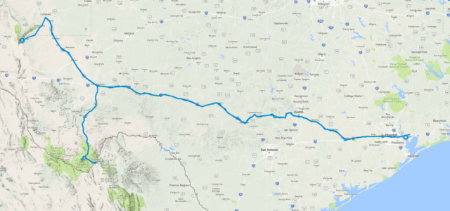 The 1,500 mile trip took across Texas and back. 